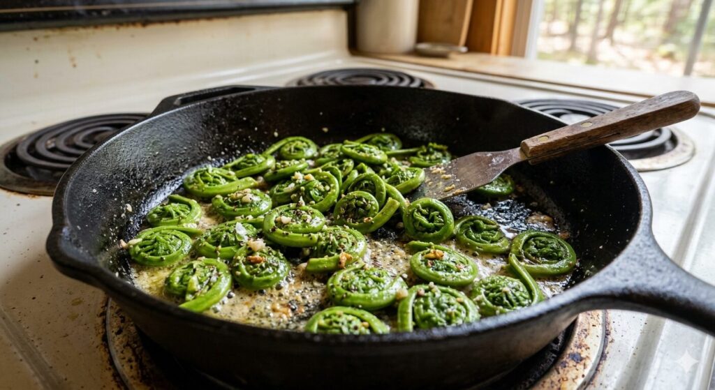 Sautéing Maine fiddleheads in a cast iron skillet with butter and garlic.