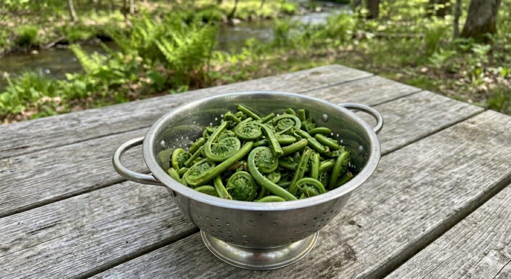 A stainless steel colander filled with freshly picked and cleaned Maine fiddleheads.