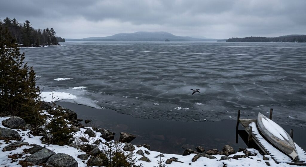 Maine lake ice melting, grey rotten black ice structure, open water near shoreline, loon flying overhead during spring thaw.