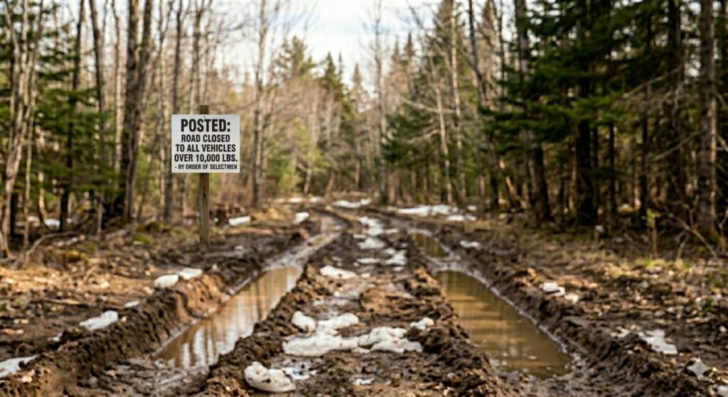white 'Posted' sign on a wooden post next to a muddy Maine logging road with deep water-filled ruts during mud season.