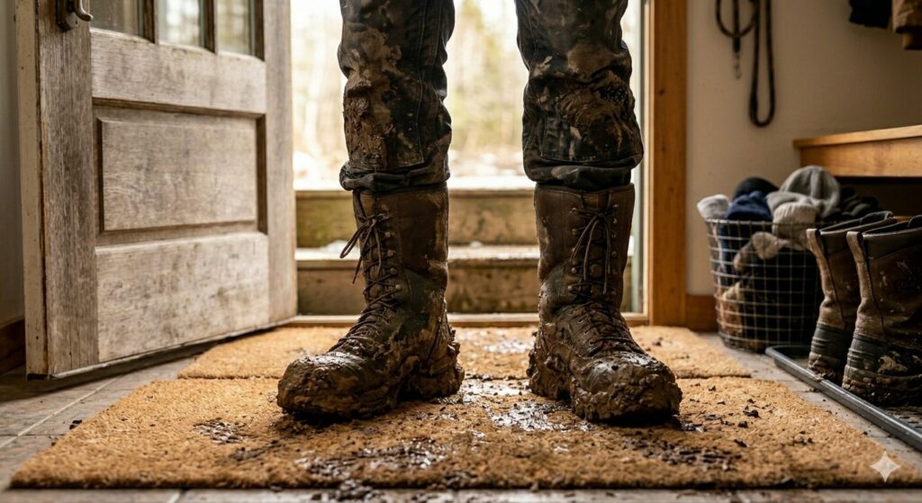 Close-up of caked mud on work boots standing on a doormat inside a mudroom.