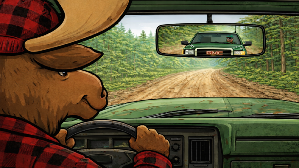 Green truck in mirror guide for game warden interaction